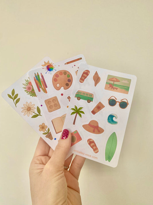 3 feuilles d'autocollants à thème printemps, peinture et plage