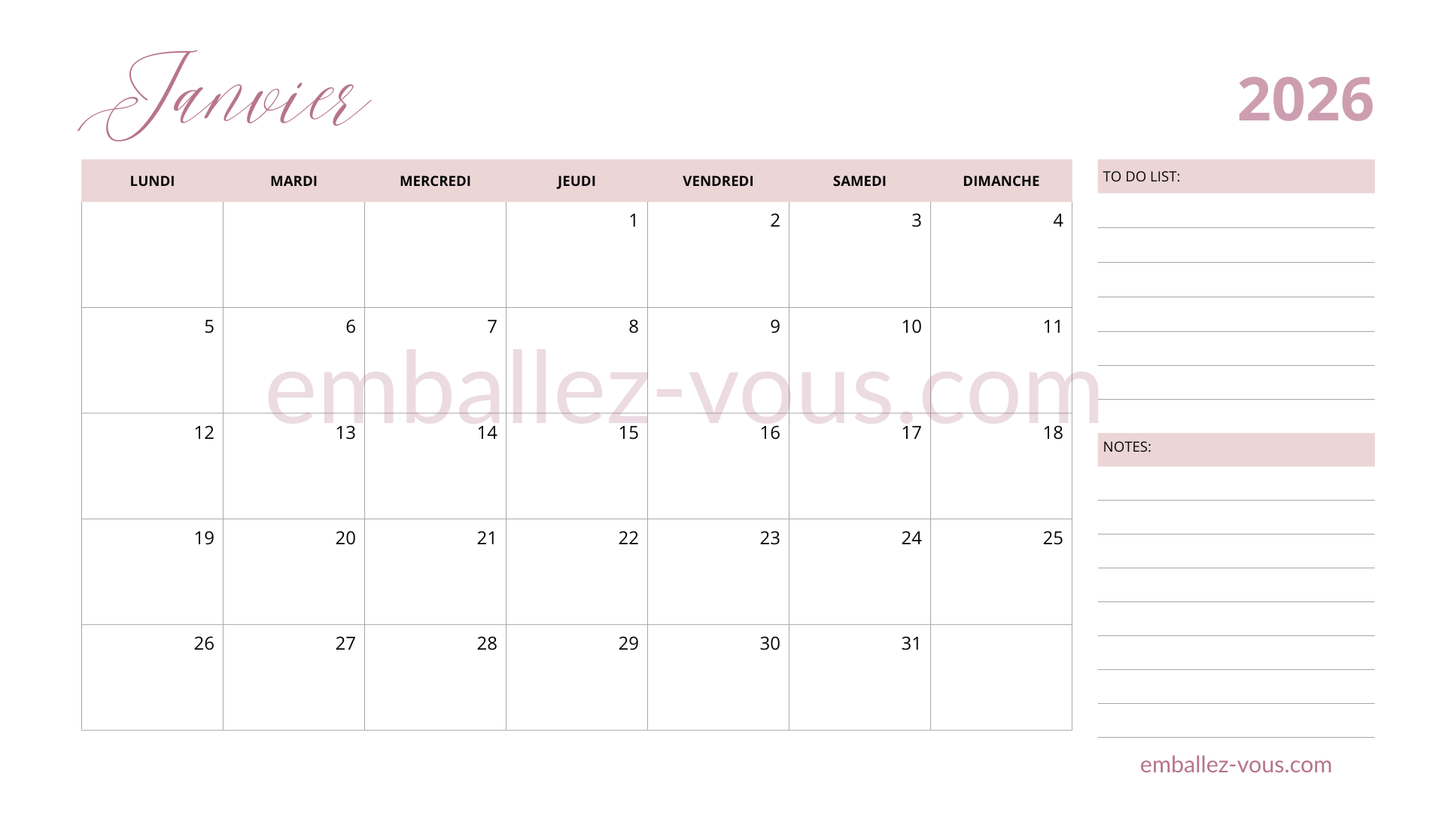 Calendrier mensuel 2026 - format PDF à imprimer