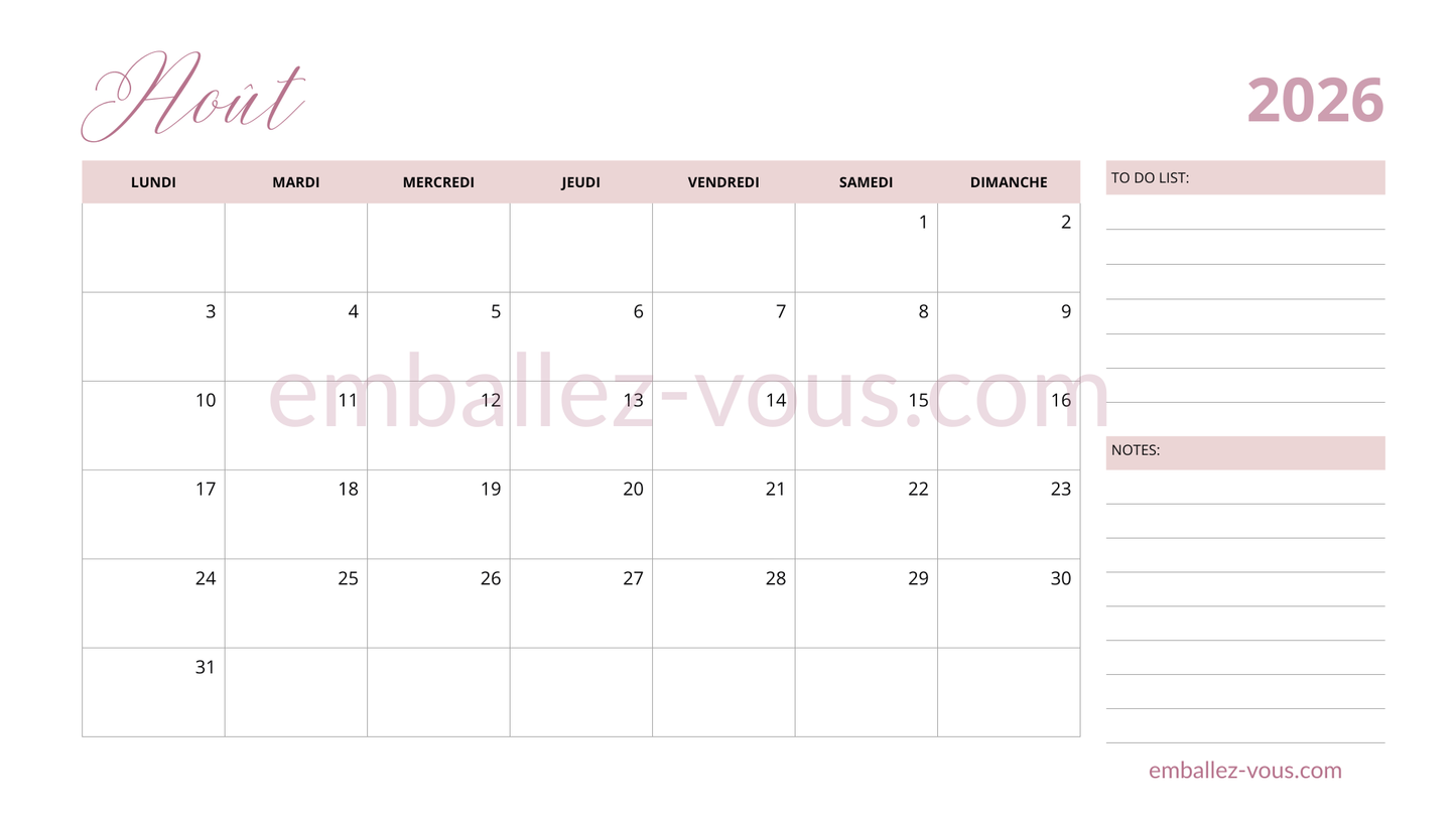 Calendrier mensuel 2026 - format PDF à imprimer