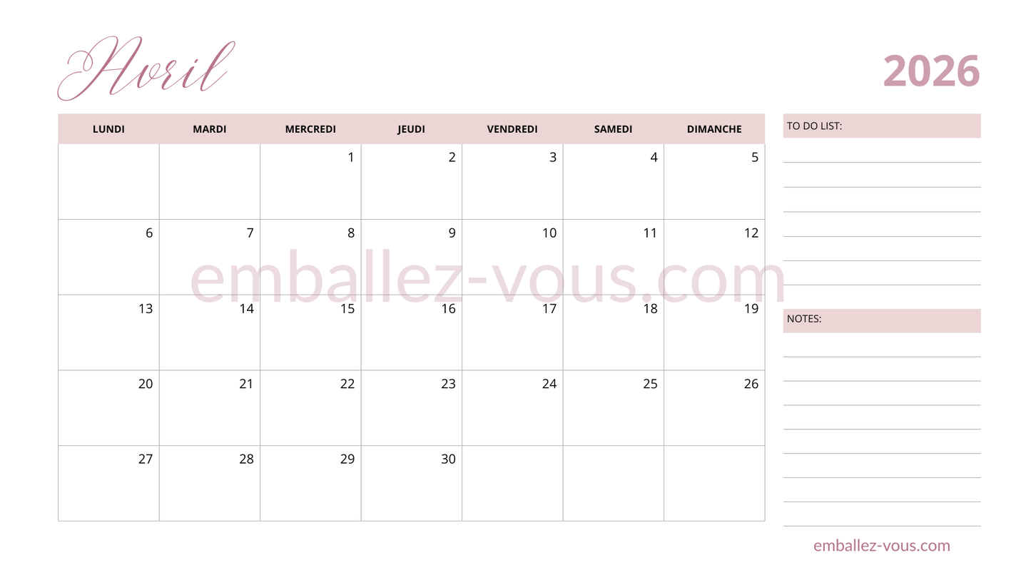 Calendrier mensuel 2026 - format PDF à imprimer