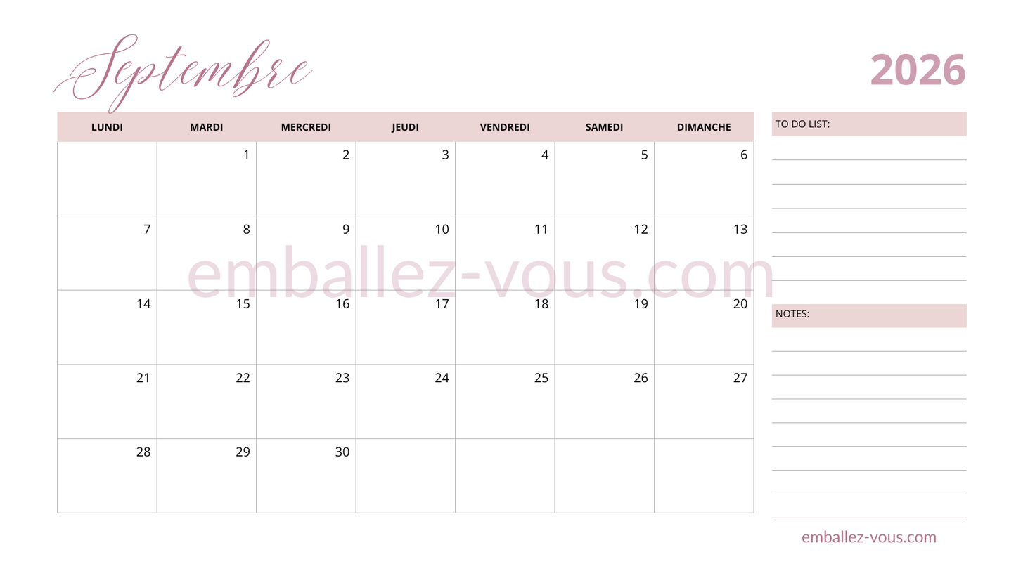 Calendrier mensuel 2026 - format PDF à imprimer