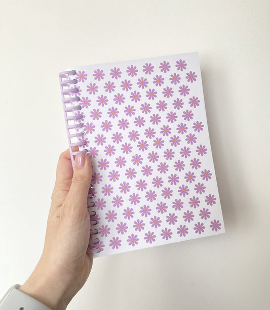 Carnet A5 blanc fleurs violettes