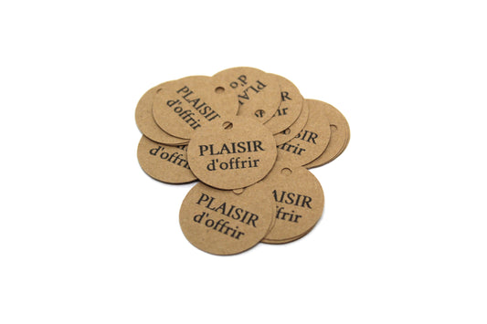 Etiquettes kraft rondes   "PLAISIR d'offrir"